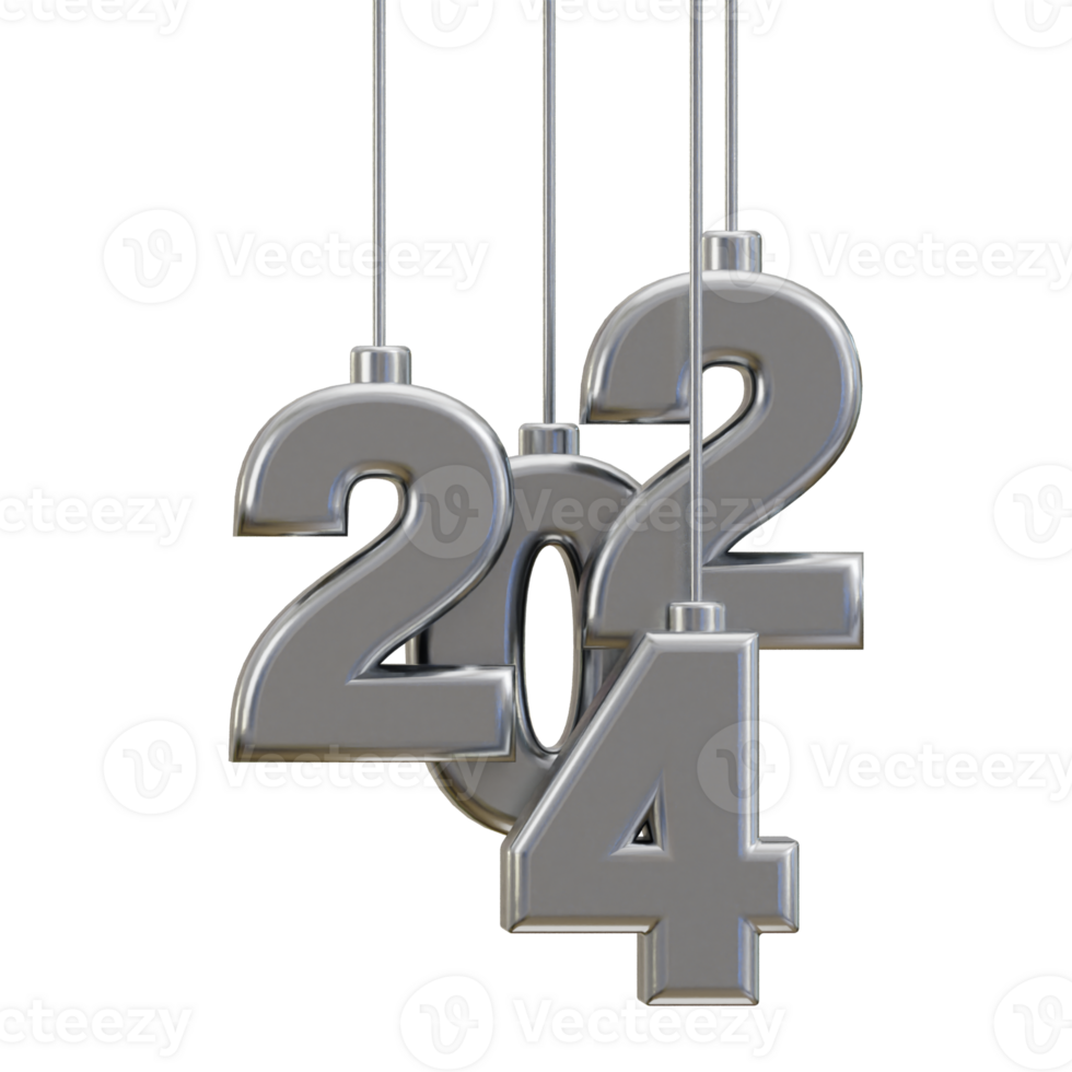 New year 2024 silver text 3d render png
