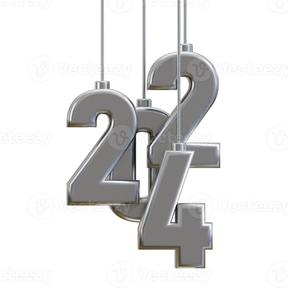 New year 2024 silver text 3d render png