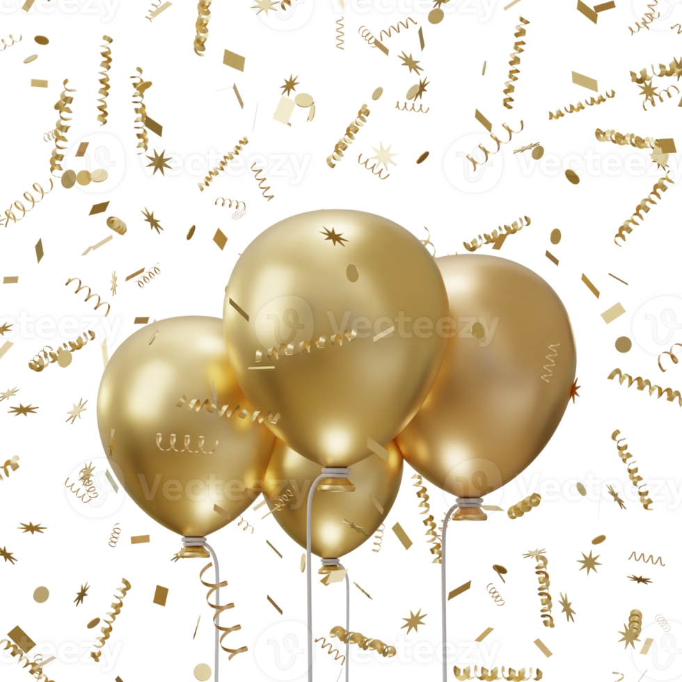 3d gouden ballon met confetti icoon illustratie png