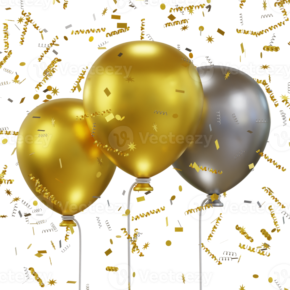 3d d'or ballon avec confettis icône illustration png