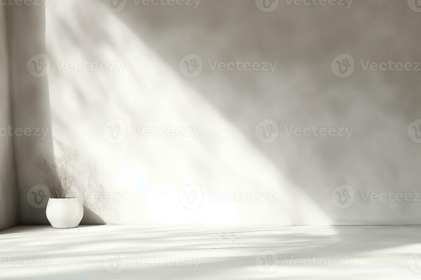 Minimal abstract background for product presentation. Sunshade shadow on white plaster wall. 3d render illustration. Clipping path of each element included. generative ai. photo