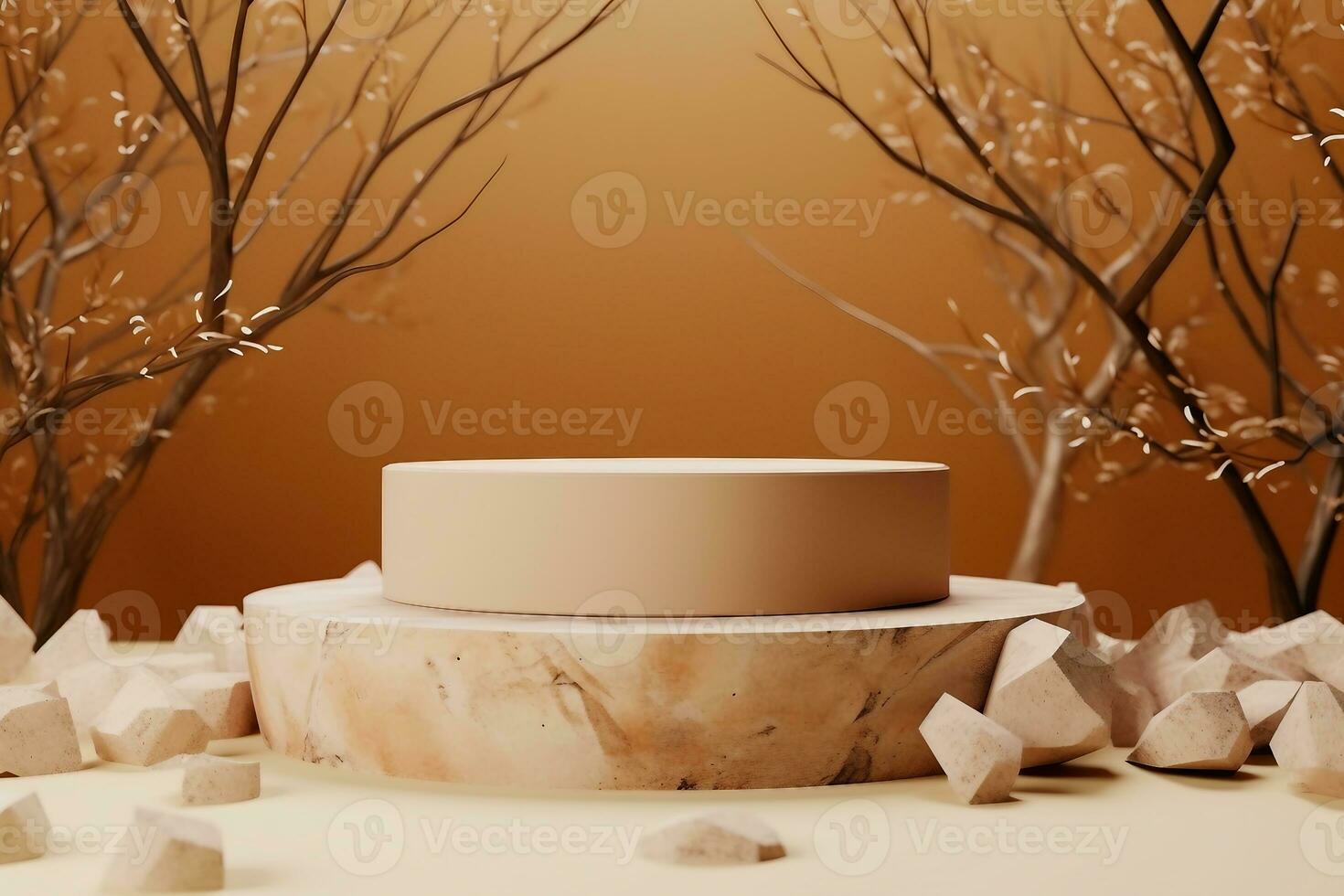 product display podium stand with stone rock. Abstract beige background scene with geometric shape. Brown pedestal table with autumn plants for beauty product. generative ai. photo