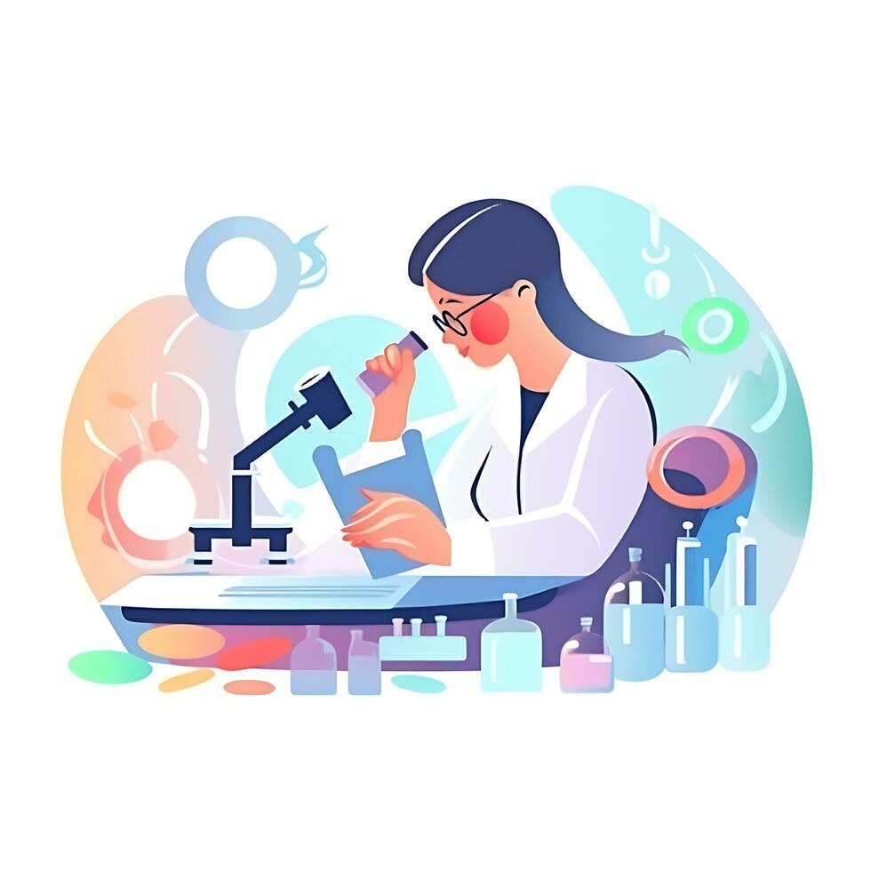 Professional female medicine scientist in protective eyeglasses researching Tube reagents photo