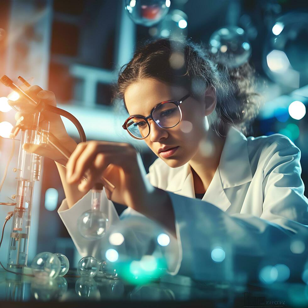 Professional female medicine scientist in protective eyeglasses researching Tube reagents photo