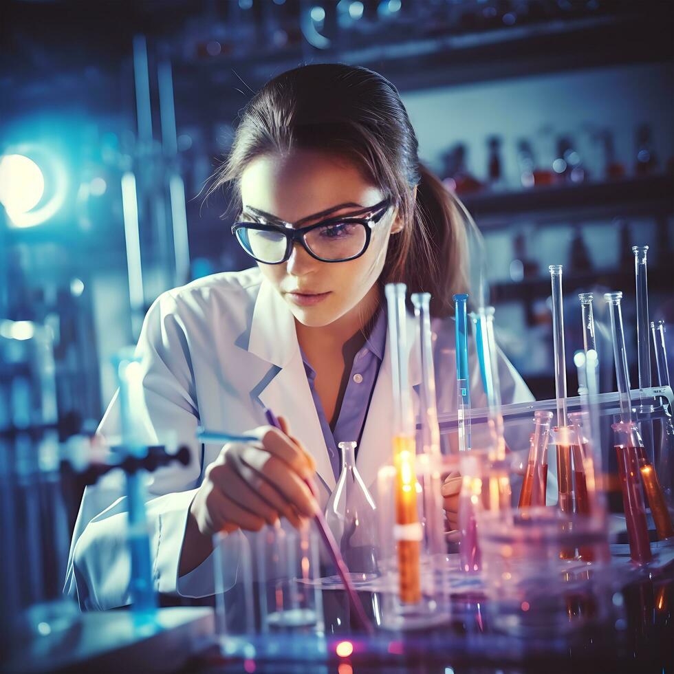 Professional female medicine scientist in protective eyeglasses researching Tube reagents photo