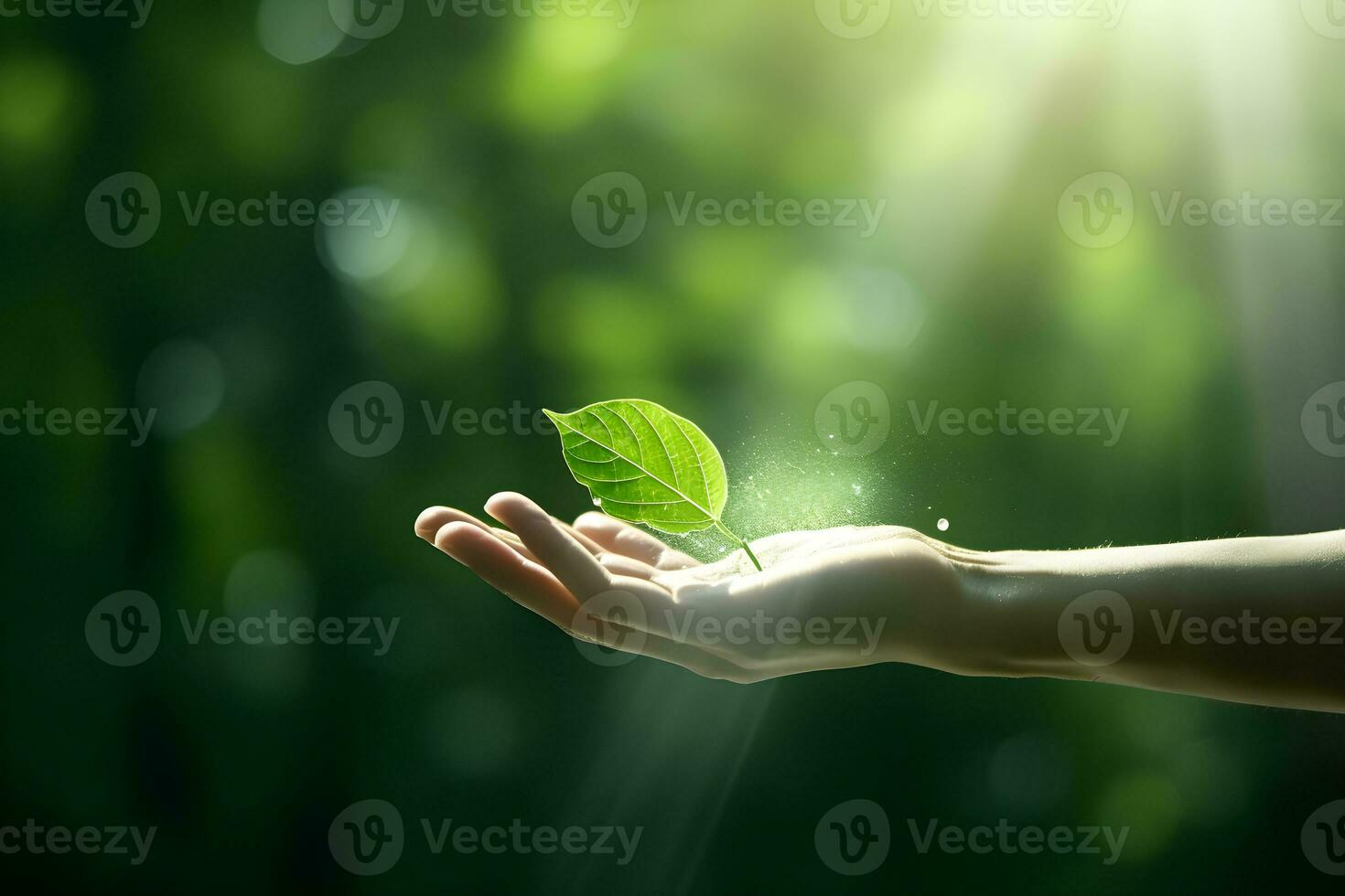 Human hand on green nature background with bokeh and sunlight. Generative AI. photo