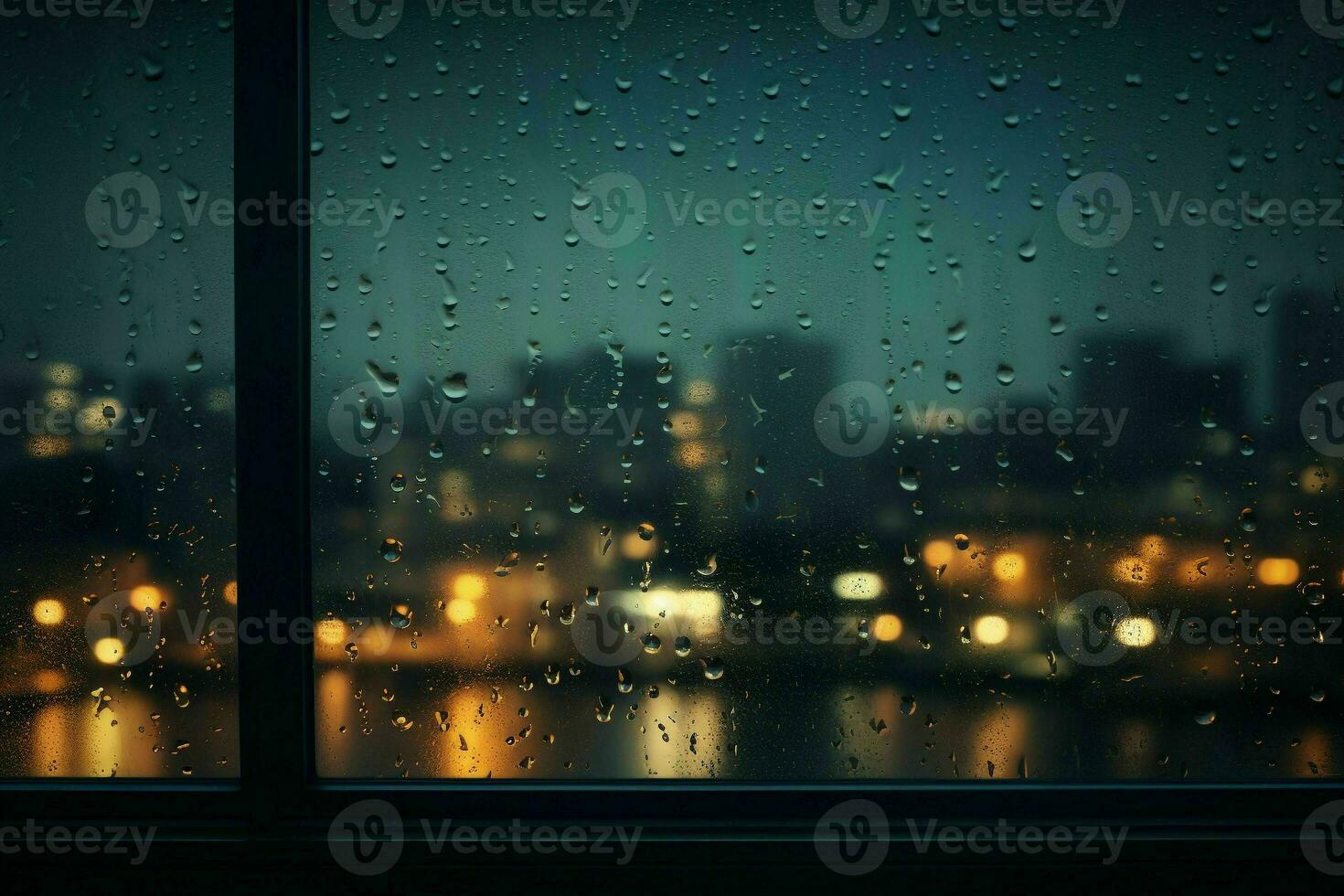 Misty night window with rain drops blurred background.Generative AI photo