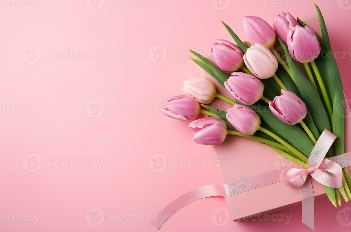 Bouquet of pink tulips and gift box on pink background.Generative AI. photo