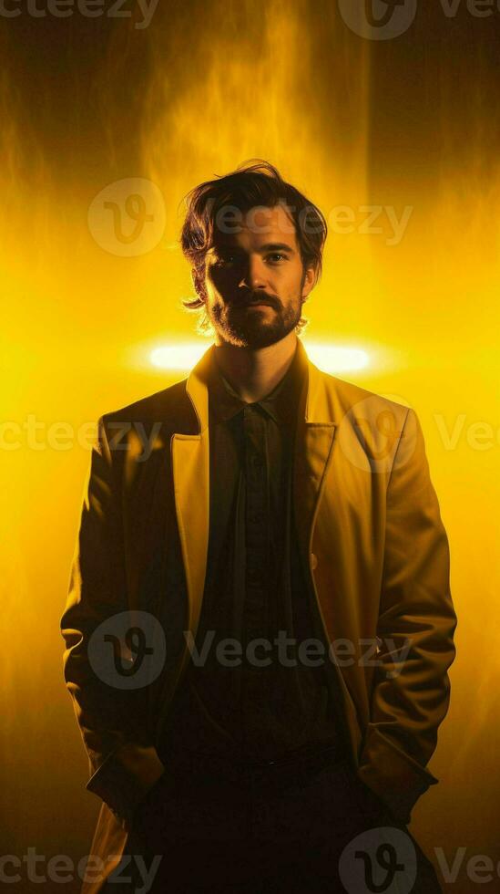 hombre posando en amarillo luz.generativa ai foto