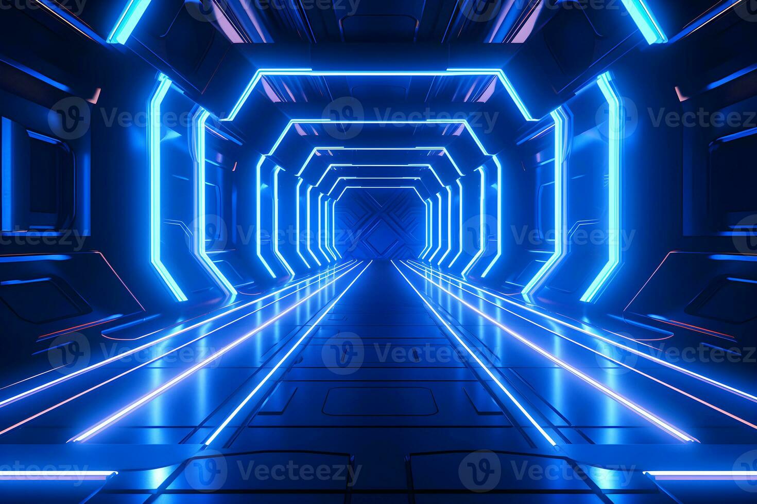Futuristic corridor with glowing blue neon lights.Generative AI. photo