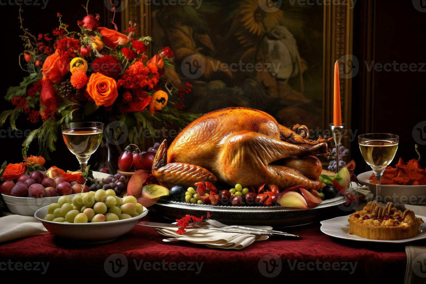 Tradition of a Thanksgiving feast focusing on a beautifully set dining table with turkey photo