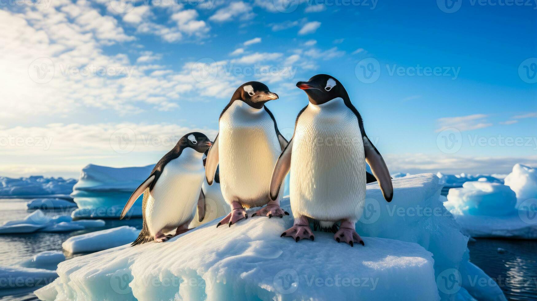 pingüinos acurrucado juntos en reluciente antártico icebergs en vívido luz foto
