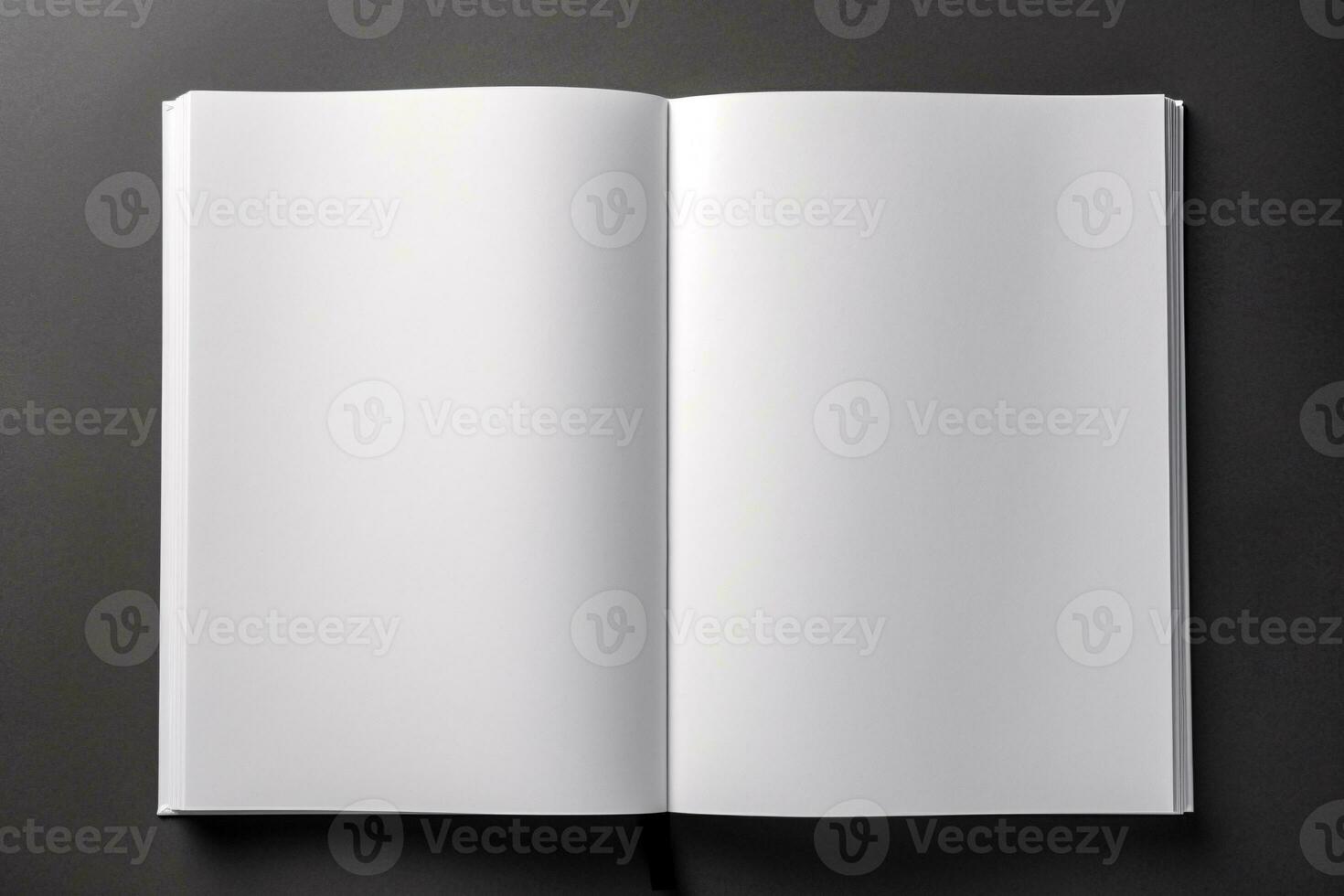 Top View Book Mockup with Open Book Blank White Page on Dark Gray Background, AI-generated photo