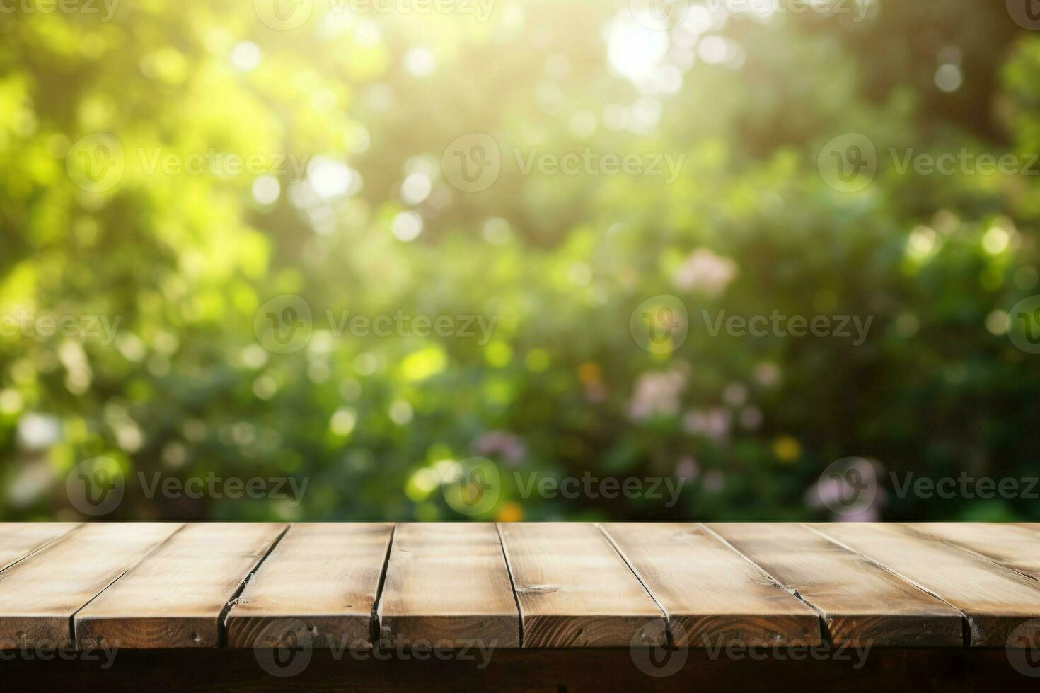 Empty wooden tabletop board in the morning shine light with green nature blurred background, AI-Generated photo