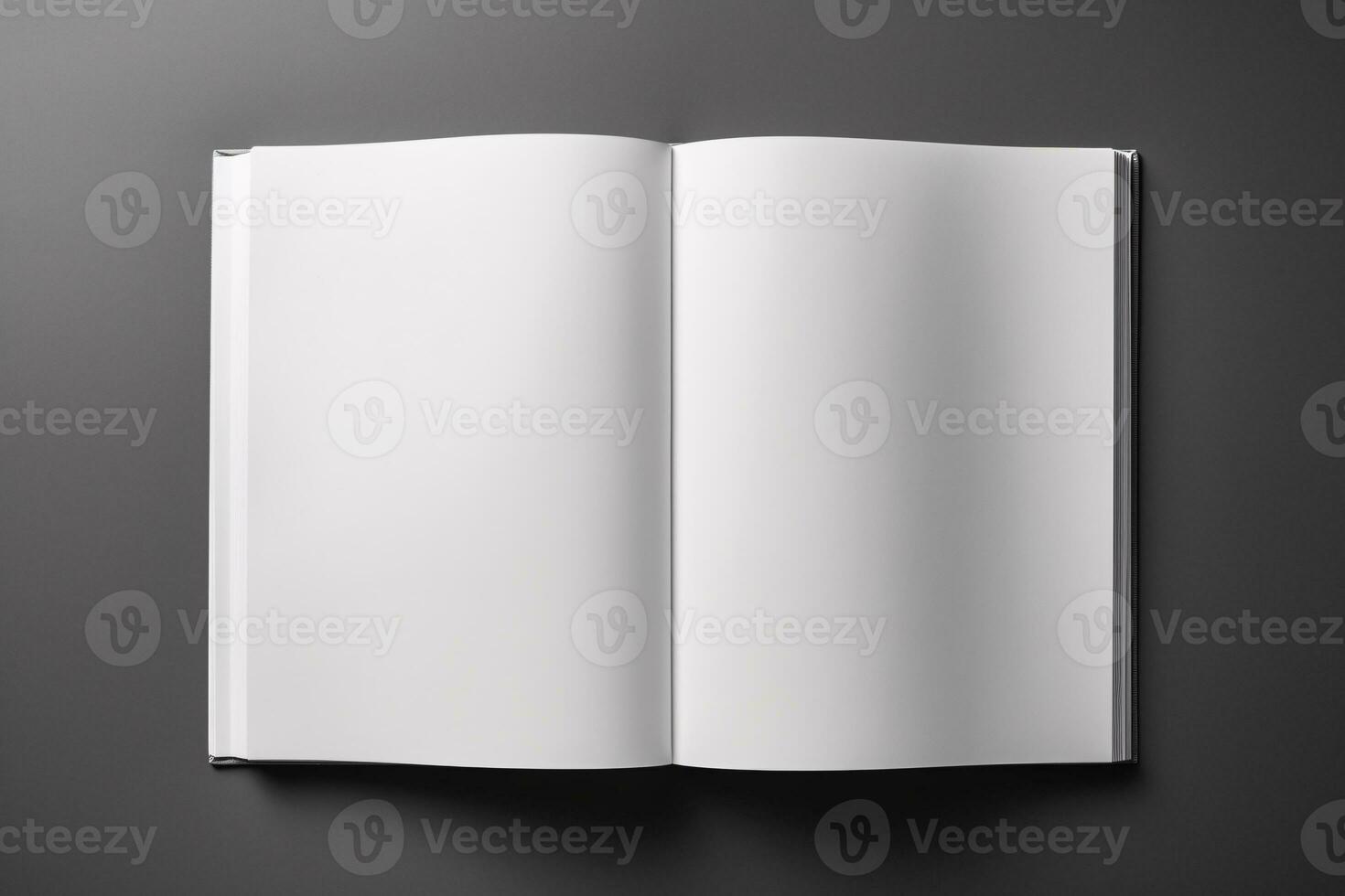 Top View Book Mockup with Open Book Blank White Page on Dark Gray Background, AI-generated photo