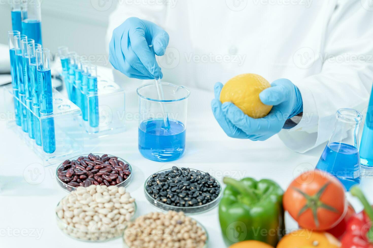 Scientist check chemical food residues in laboratory. Control experts inspect the concentration of chemical residues. hazards, ROHs standard, find prohibited substances, contaminate, Microbiologist photo