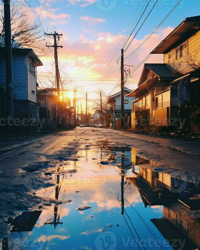 A puddle reflected in a street.Generative AI photo