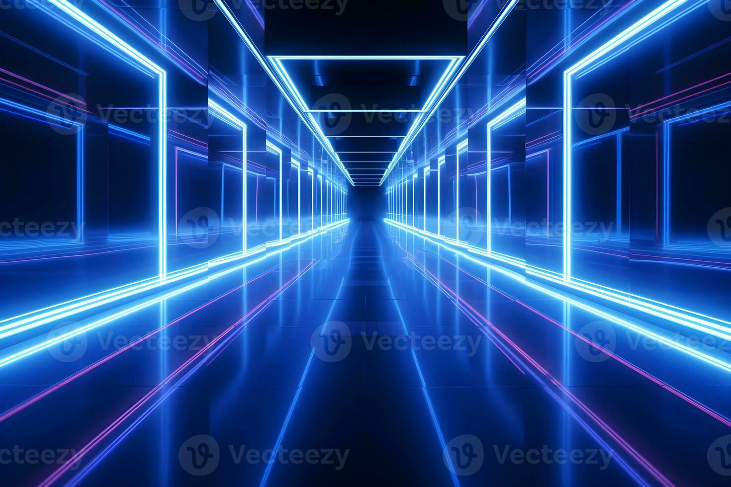 Futuristic corridor with glowing blue neon lights.Generative AI. photo