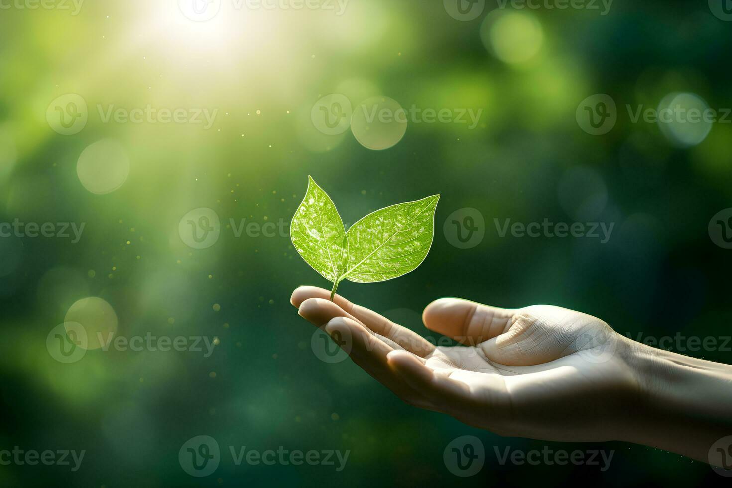 Human hand on green nature background with bokeh and sunlight. Generative AI. photo