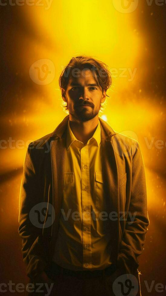 Man posing in yellow light.Generative AI photo