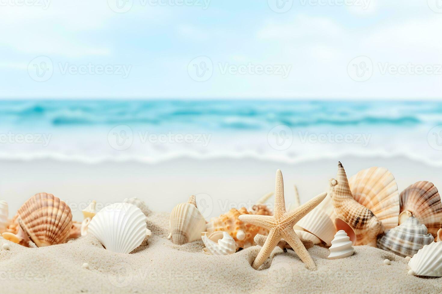 Beach Sea themed with beautiful shells, corals and starfish on pure white sand, summer concept. Generative AI. photo