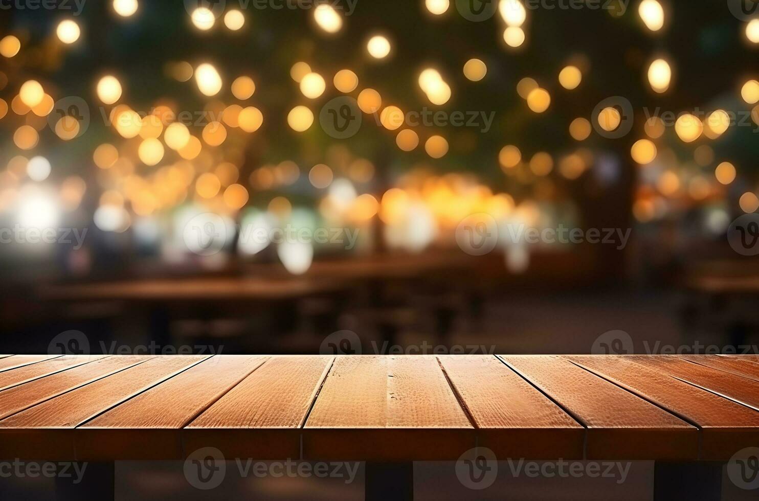 Empty wooden table and bokeh lights blurred outdoor cafe background. Generative AI. photo