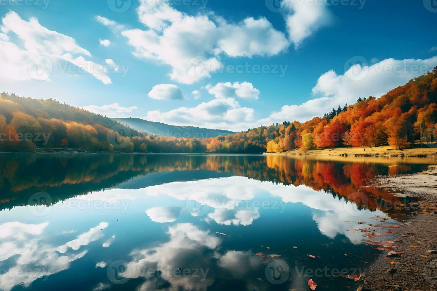 Beautiful autumn mountain nature lake with blue sky. Generative AI. photo