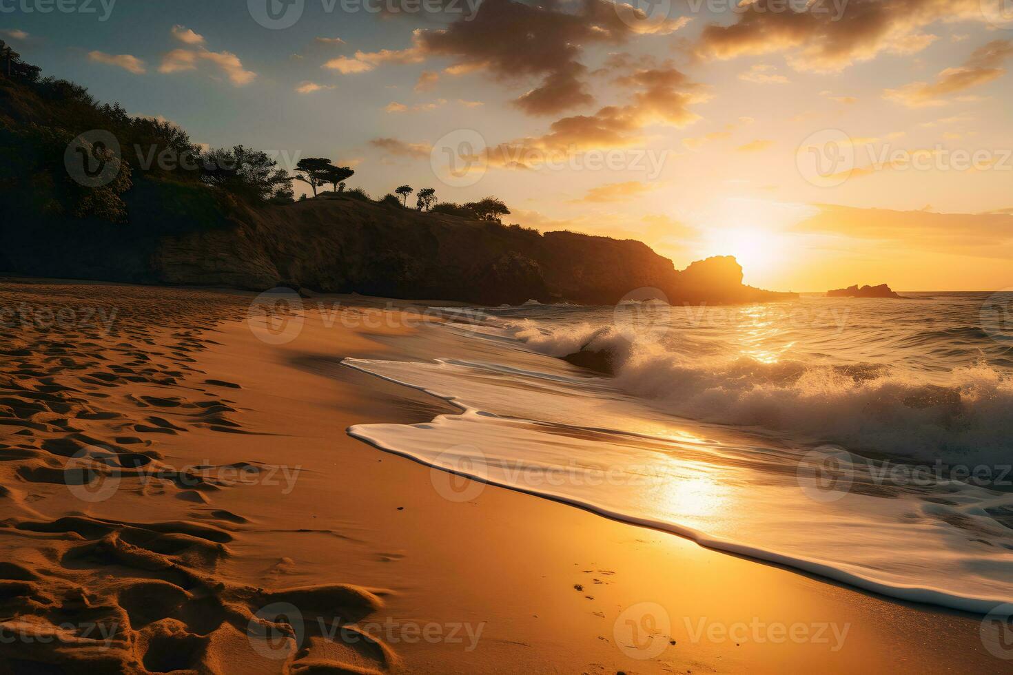 Beach during the golden hour. Generative AI. photo