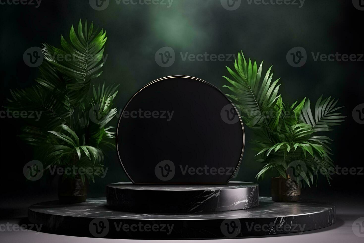 Empty black stone platform with tropical plants on dark background.Generative AI. photo