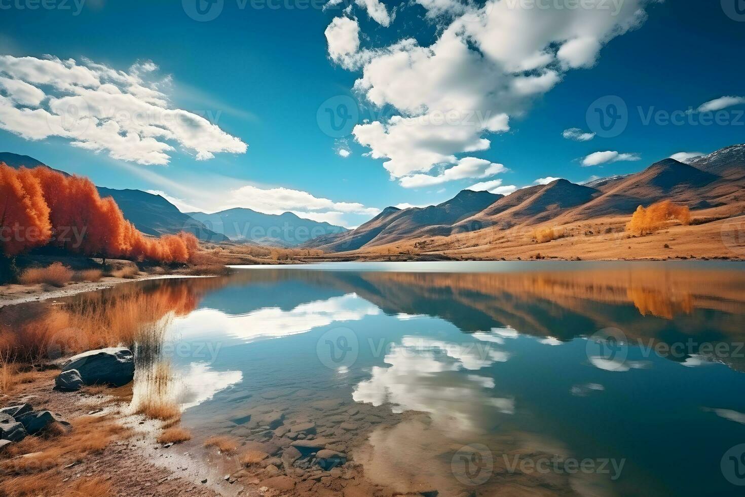 Beautiful autumn mountain nature lake with blue sky. Generative AI. photo