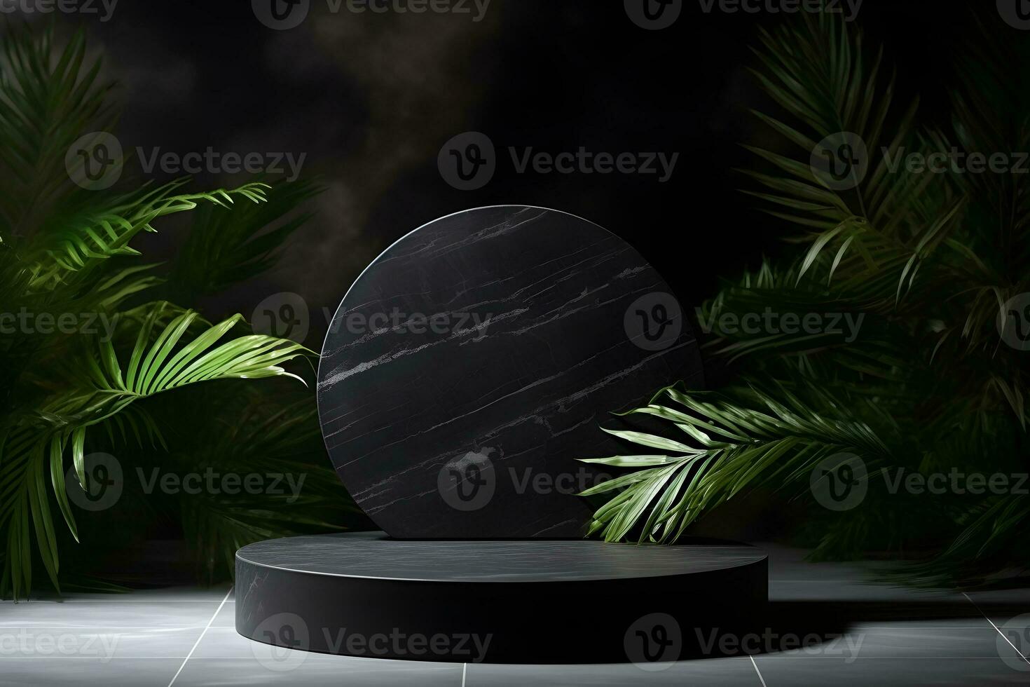 Empty black stone platform with tropical plants on dark background.Generative AI. photo