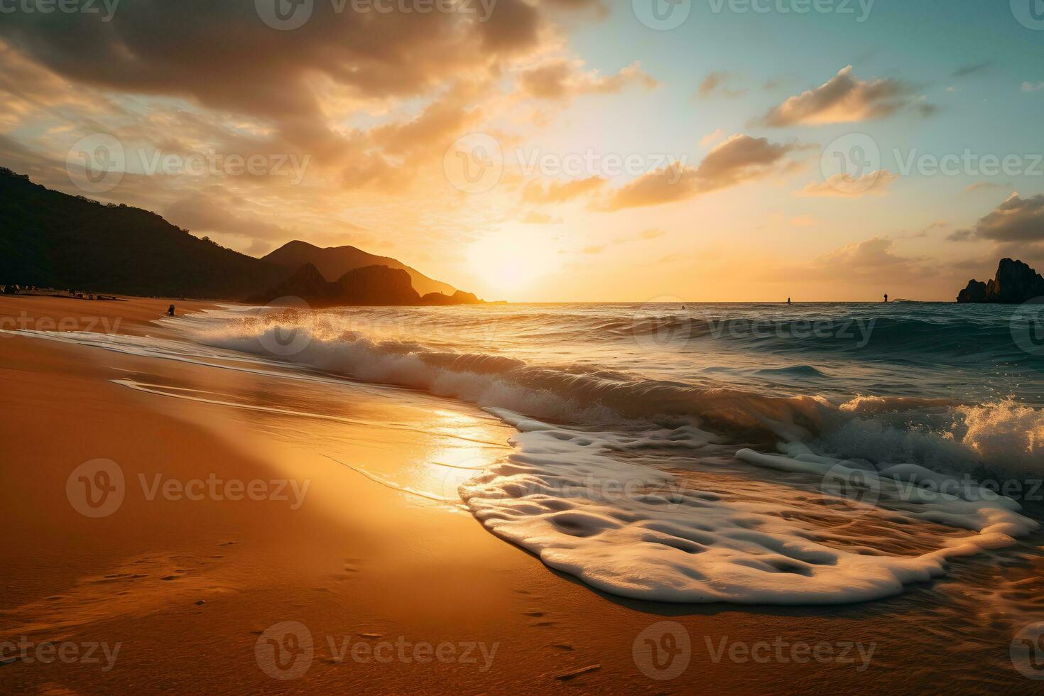 Beach during the golden hour. Generative AI. photo