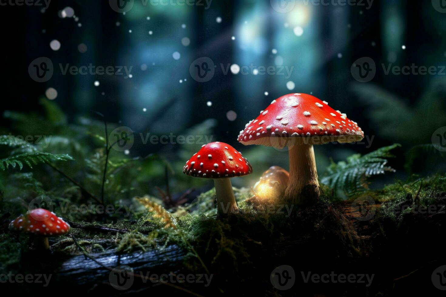 Mushrooms in the forest at night.Generative AI photo