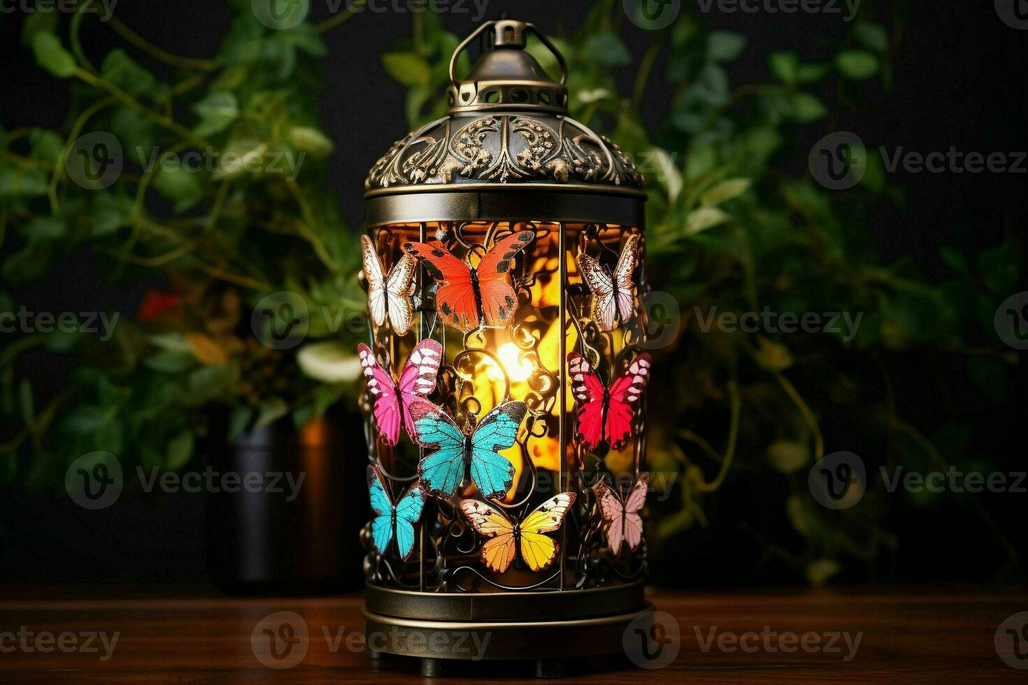 Vintage lantern with colorful butterflies.Generative AI photo