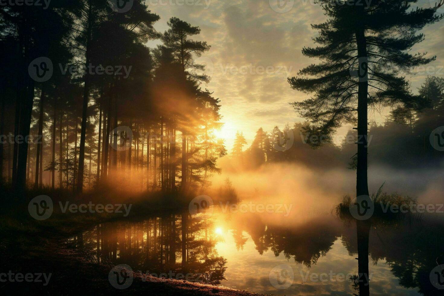 Sunrise in a forest aesthetic background.Generative AI photo