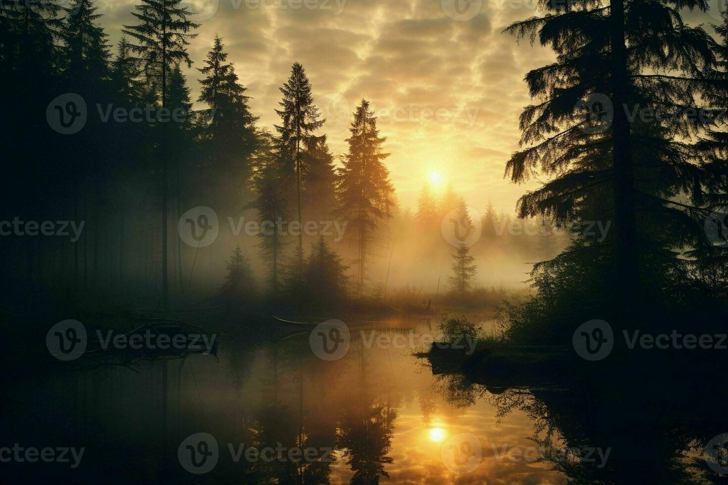 Sunrise in a forest aesthetic background.Generative AI photo