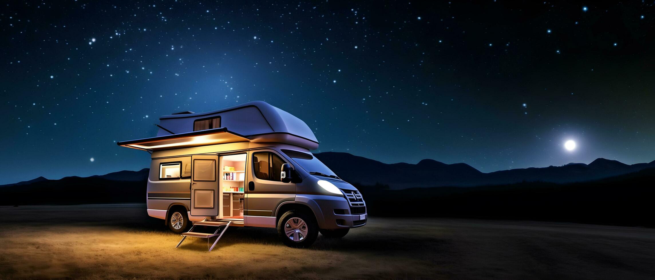 Van car under stars during midnight. Van life photo