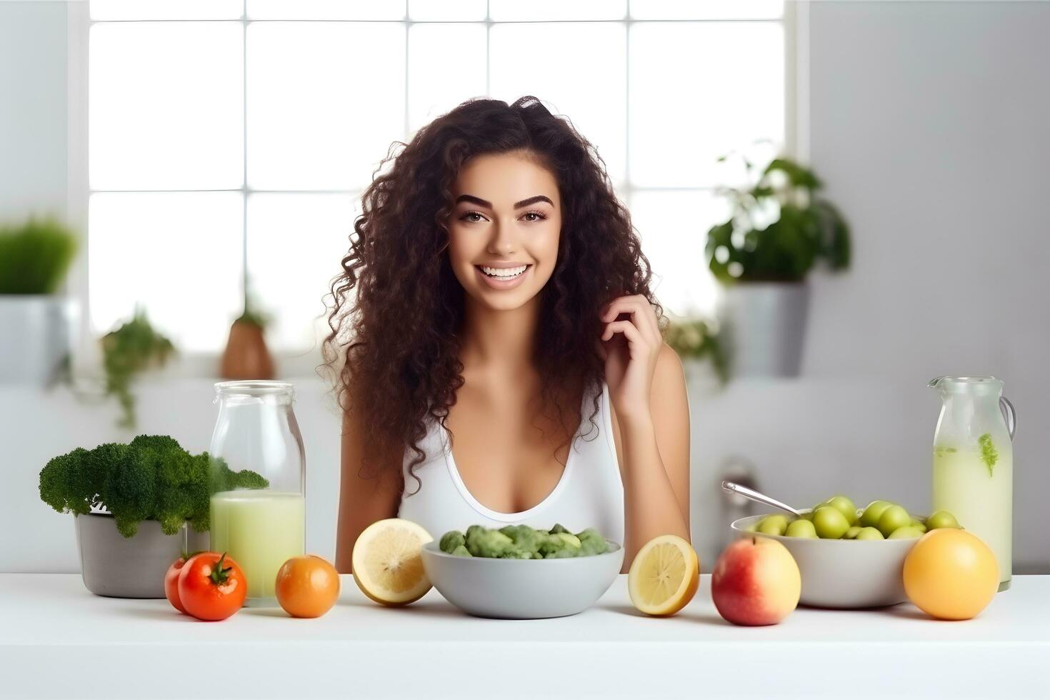 vegano mujer yendo a comer sano frutas y vegetales en cocina foto