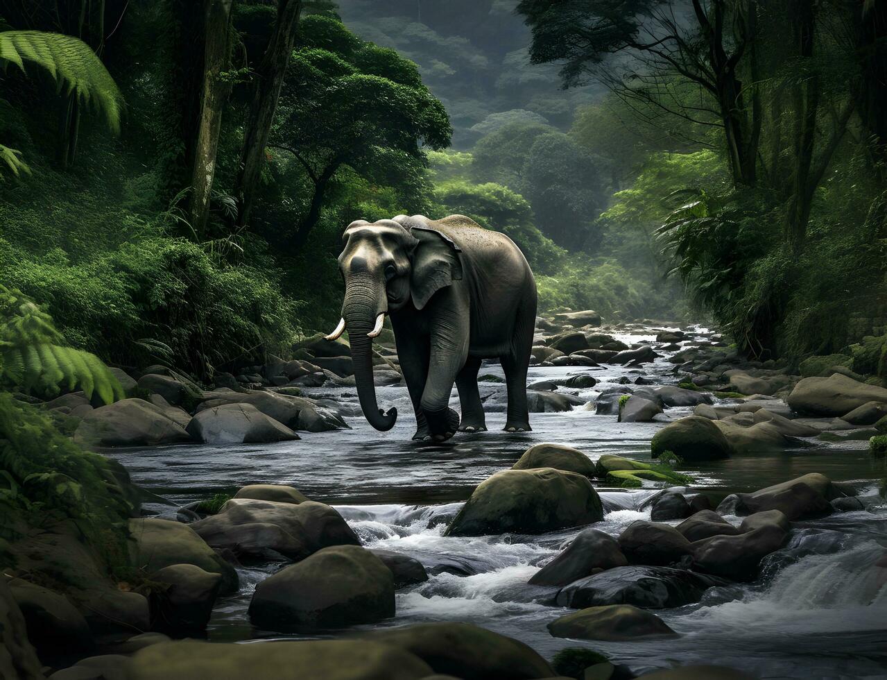 elefante a el corriente en selva. foto