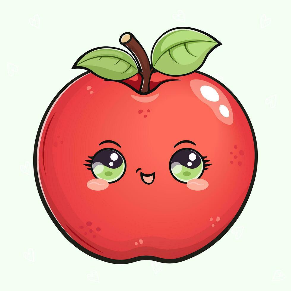 Cute funny Red apple. Vector hand drawn cartoon kawaii character illustration icon. Isolated on green background. Red apple character concept
