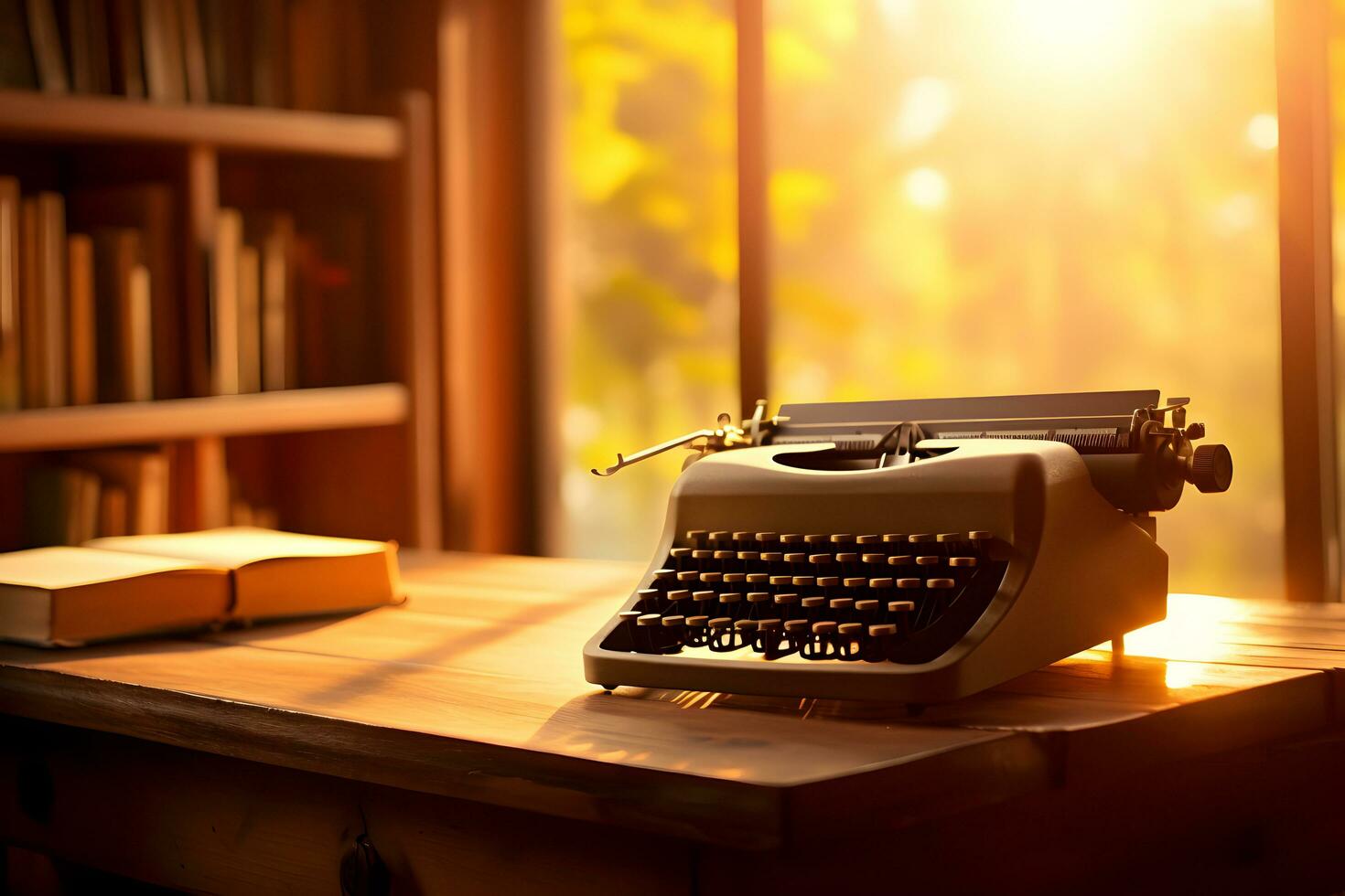 Typewriter on the desk in the room against sunset light. photo
