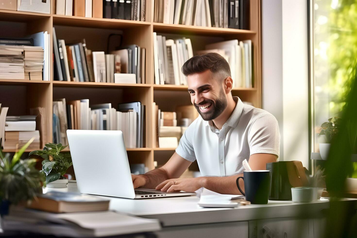 Handsome man working with a laptop. Author, freelancer, learner or work from home concept. photo