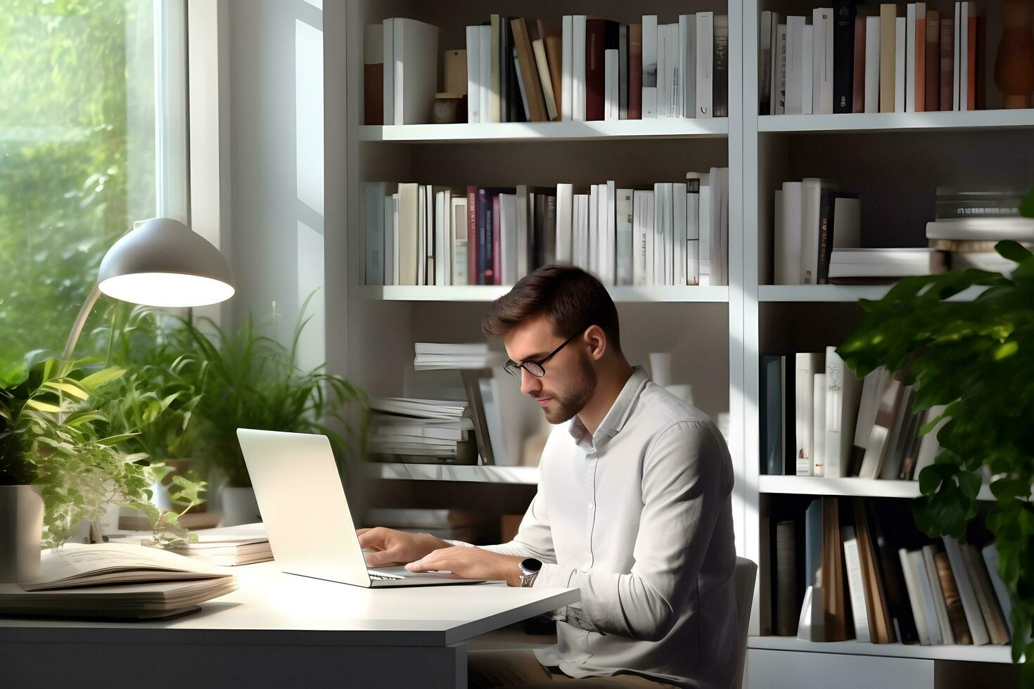 hermoso hombre trabajando con un ordenador portátil. autor, persona de libre dedicación, aprendiz o trabajo desde hogar concepto. foto