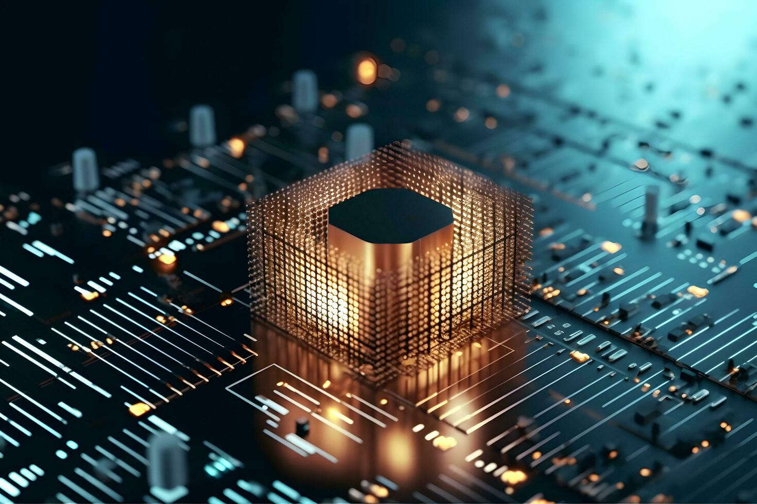 Data storage cube between pathways. Quantum computing, database, cloud computing concept. photo
