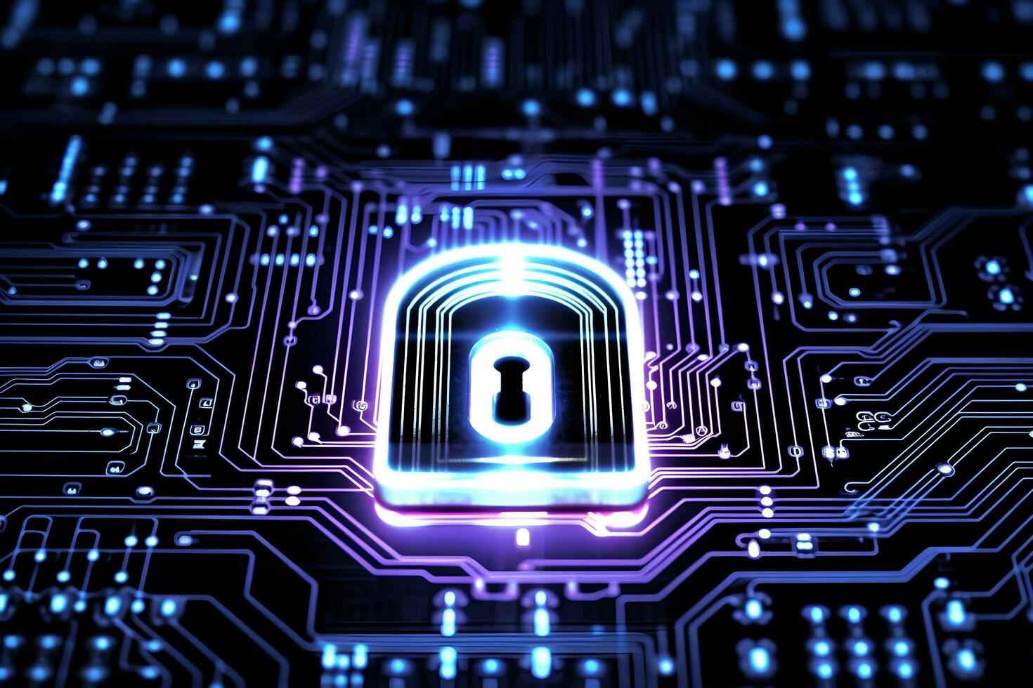 Lock in center of circuit pathways. Concept of data security, cybersecurity, encryption, etc. photo