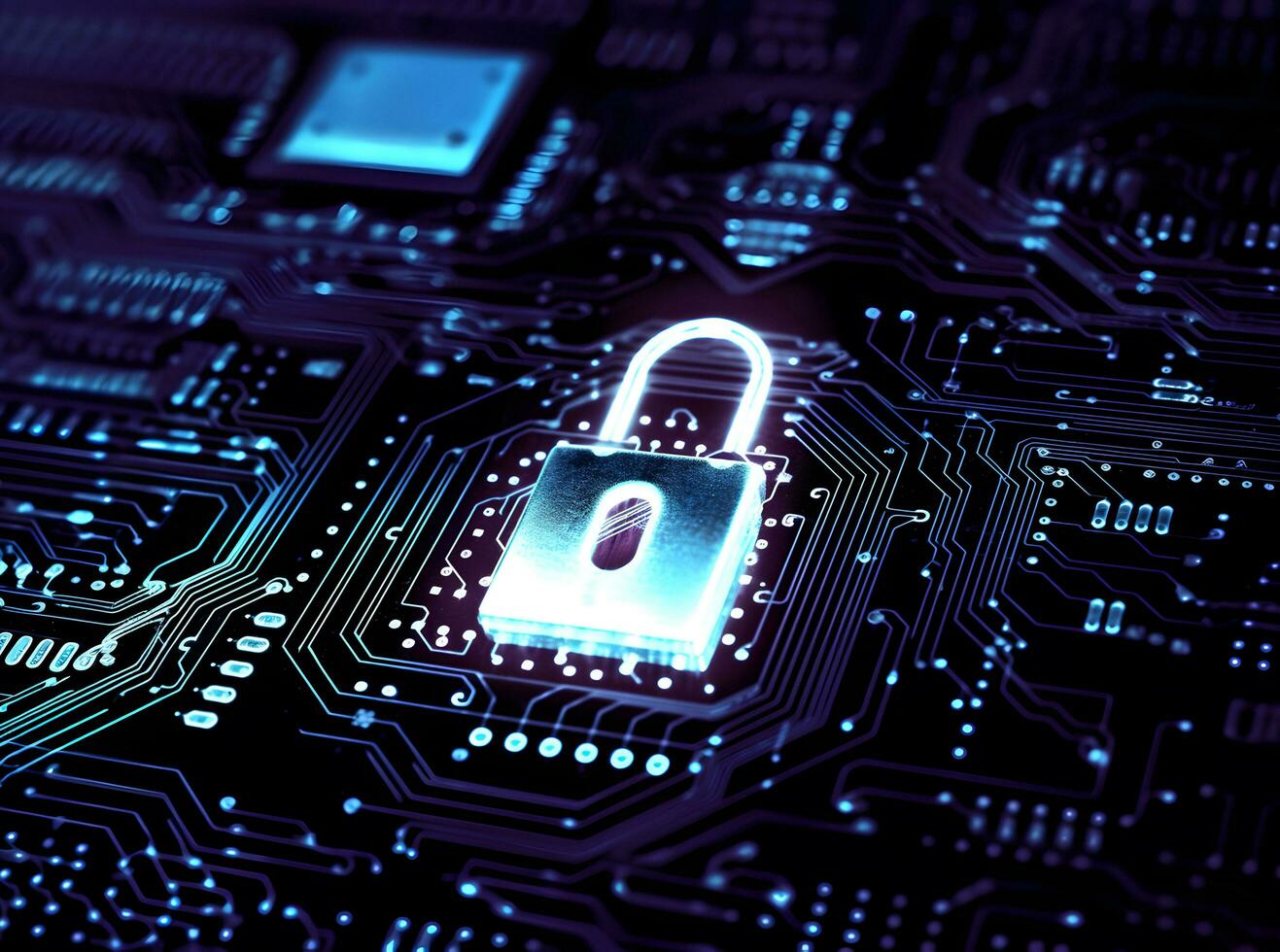 Lock in center of circuit pathways. Concept of data security, cybersecurity, encryption, etc. photo