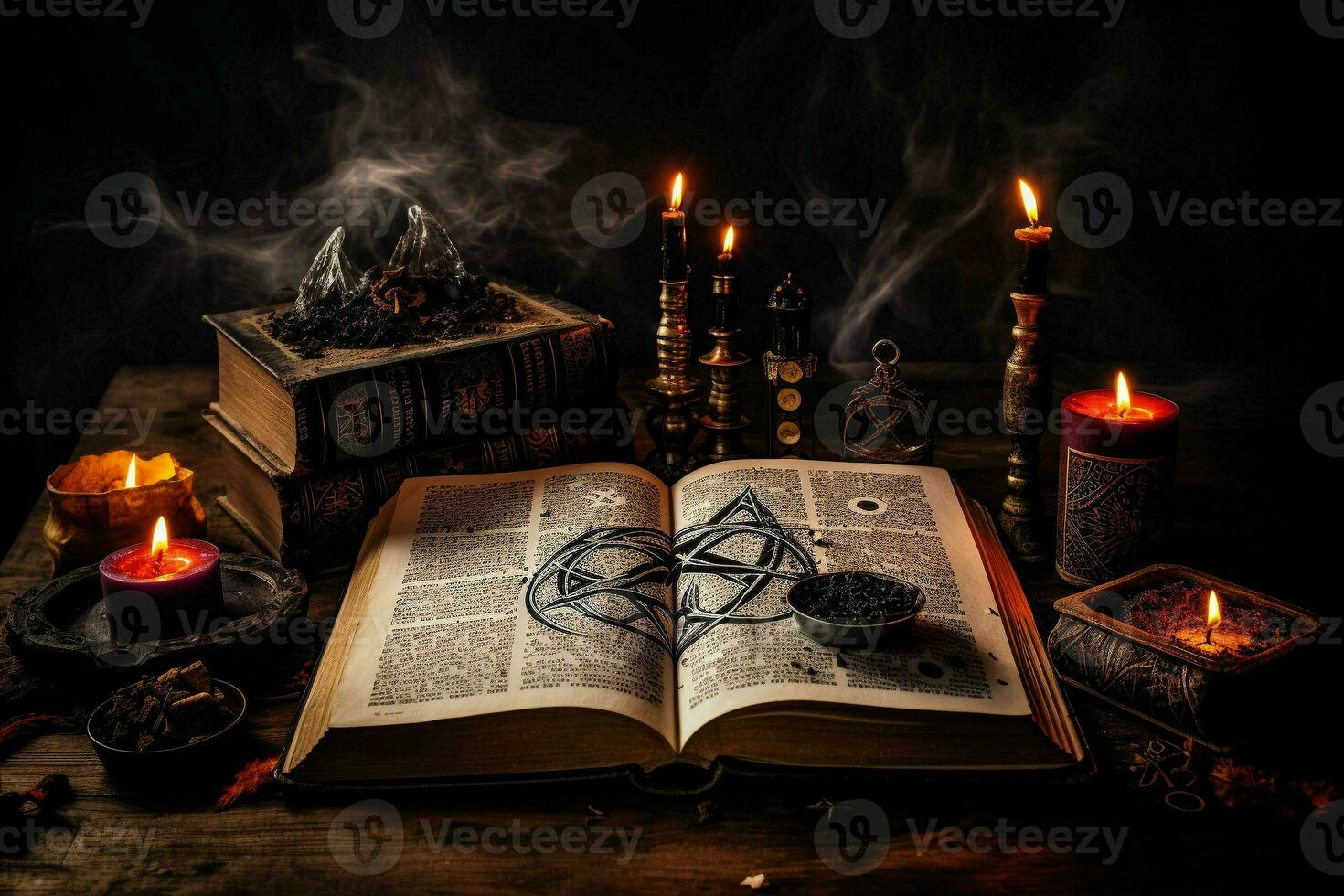 antiguo libro con magia hechizos velas y pentagrama en bruja tabla.generativa ai foto