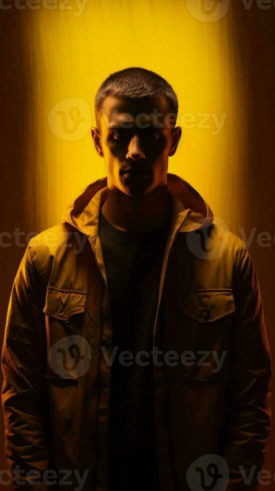 Man posing in yellow light.Generative AI photo