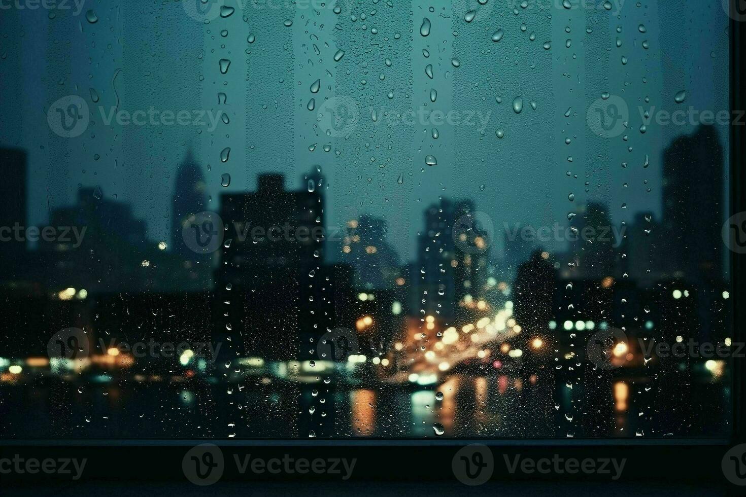 Misty night window with rain drops blurred background.Generative AI photo