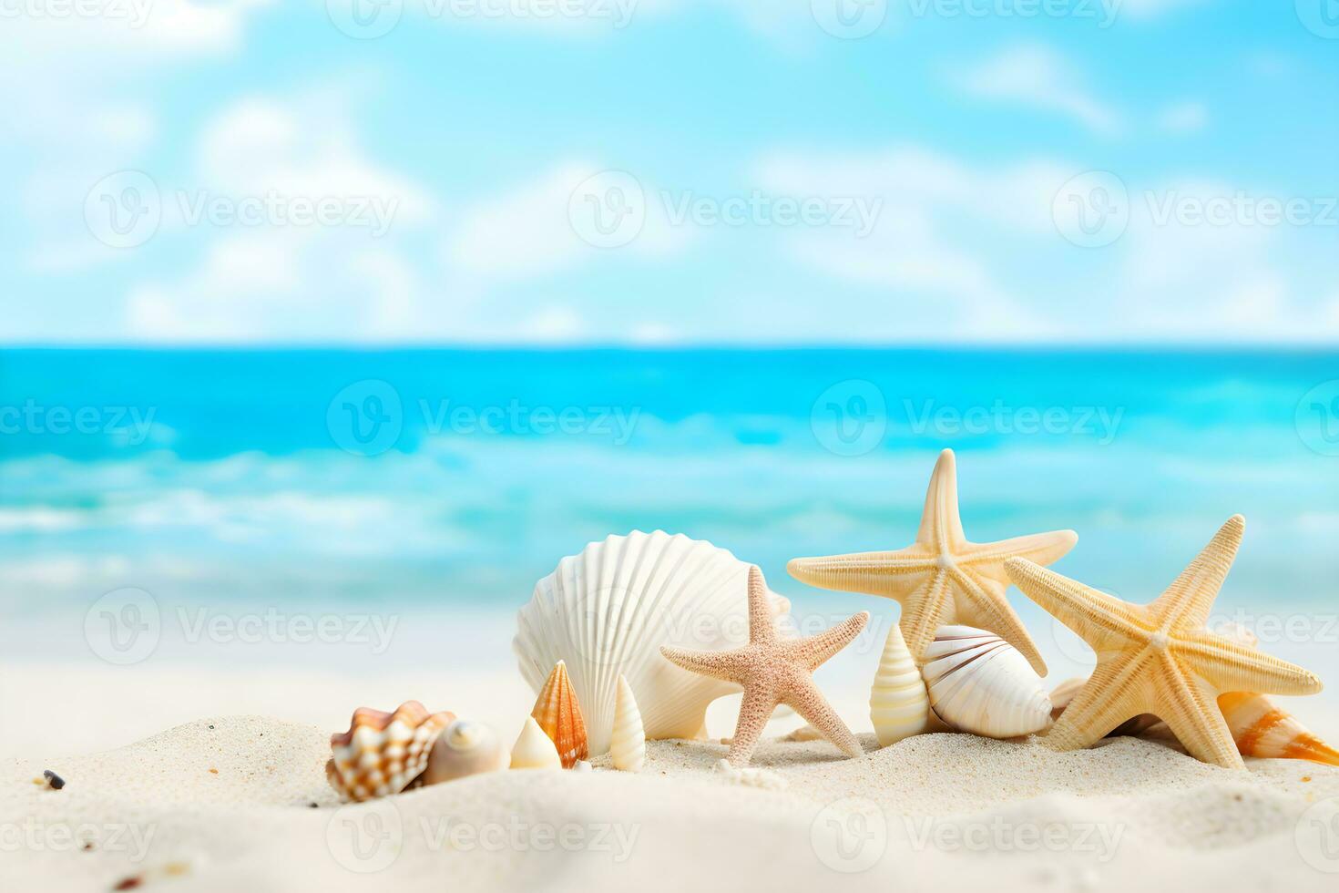 Beach Sea themed with beautiful shells, corals and starfish on pure white sand, summer concept. Generative AI. photo